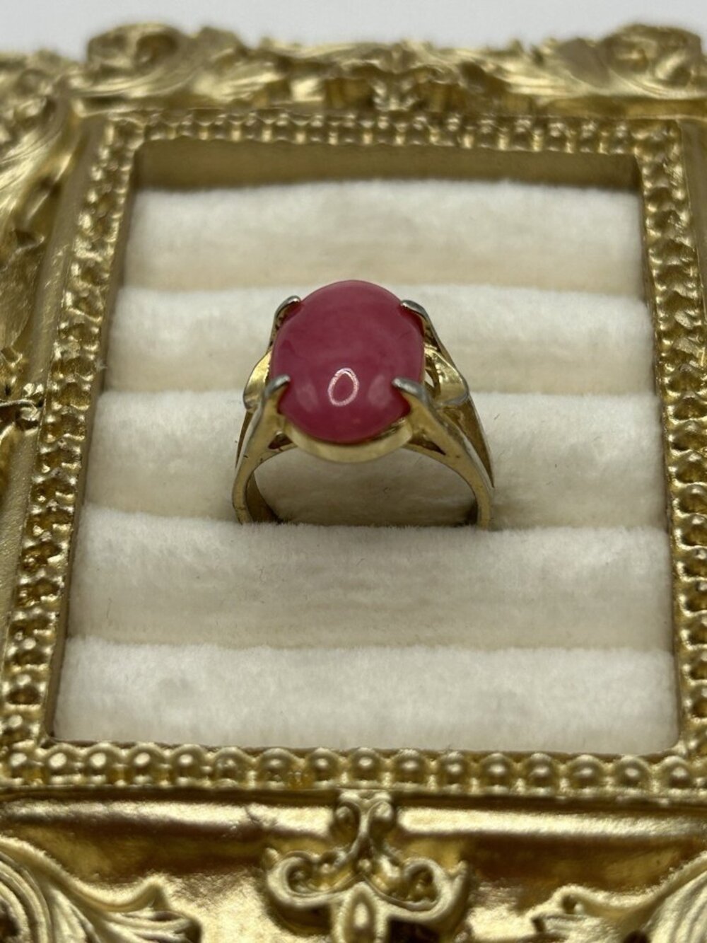 Pink Cabochon Vintage Costume Ring Size 5.25 Boho Gold Tone Fun Heavy Wear As Is